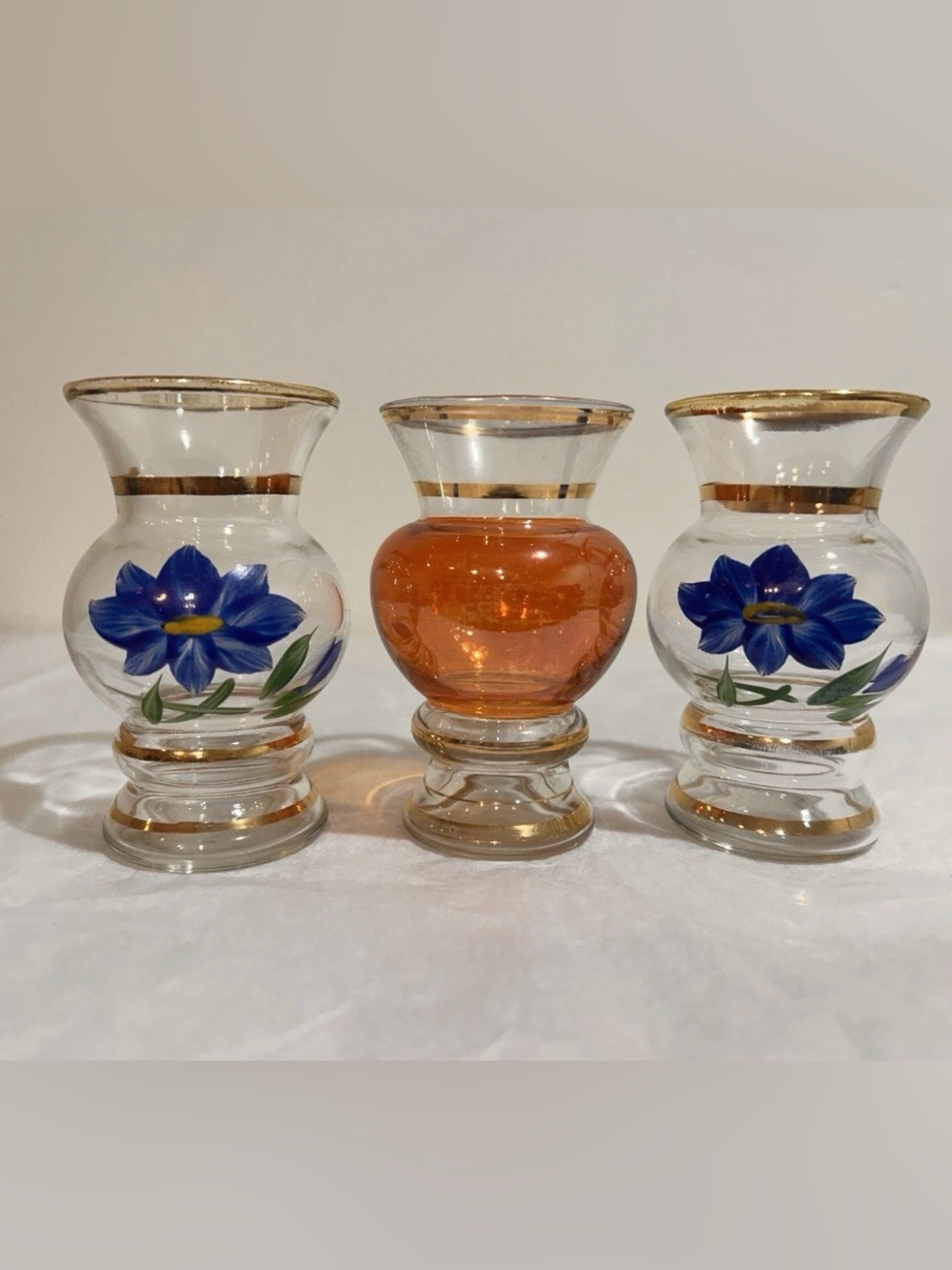 Set 3 Vtg 1960s Bartlett Collins Hand Painted Small Bud Vases with Gold Trim 4”